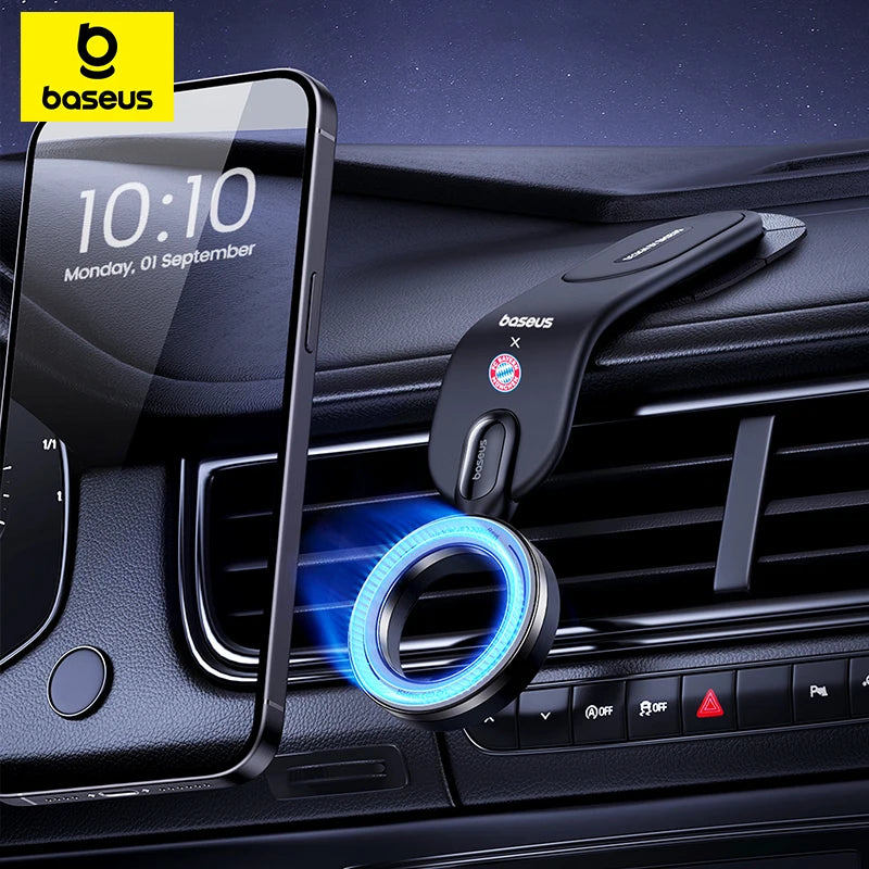 Car phone holder with blue light indicator on a car dashboard, featuring the Baseus brand.