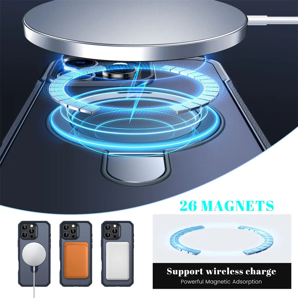 Wireless charging pad with magnetic吸附功能 and smartphone cases on a dark background