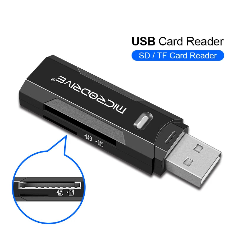 Black USB card reader with close-up detail on a white background