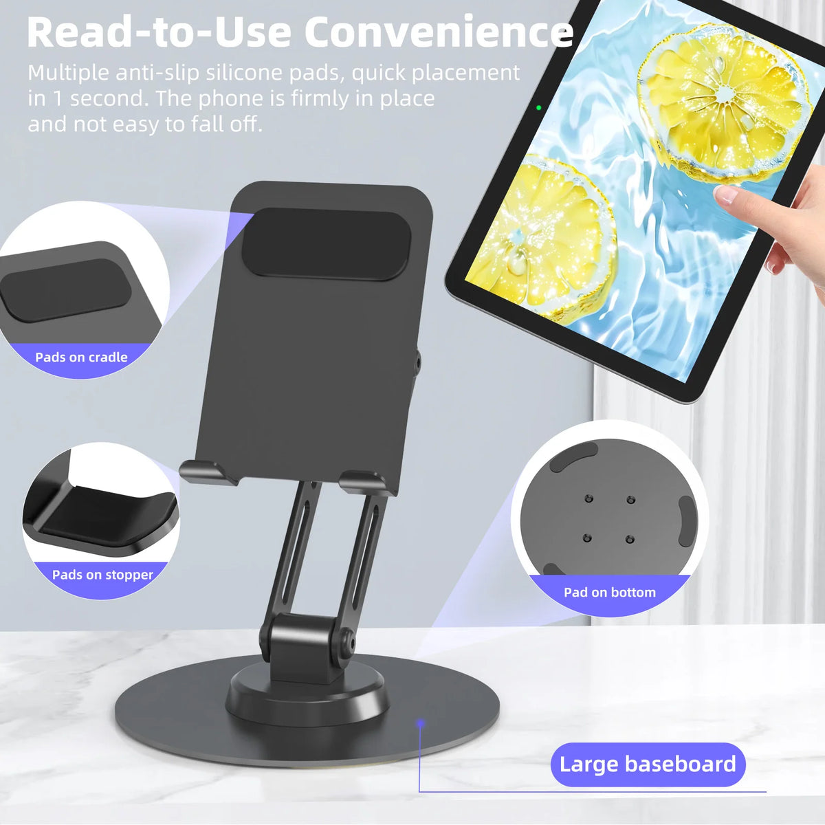 Phone stand with anti-slip pads and tablet held by hand on a light background