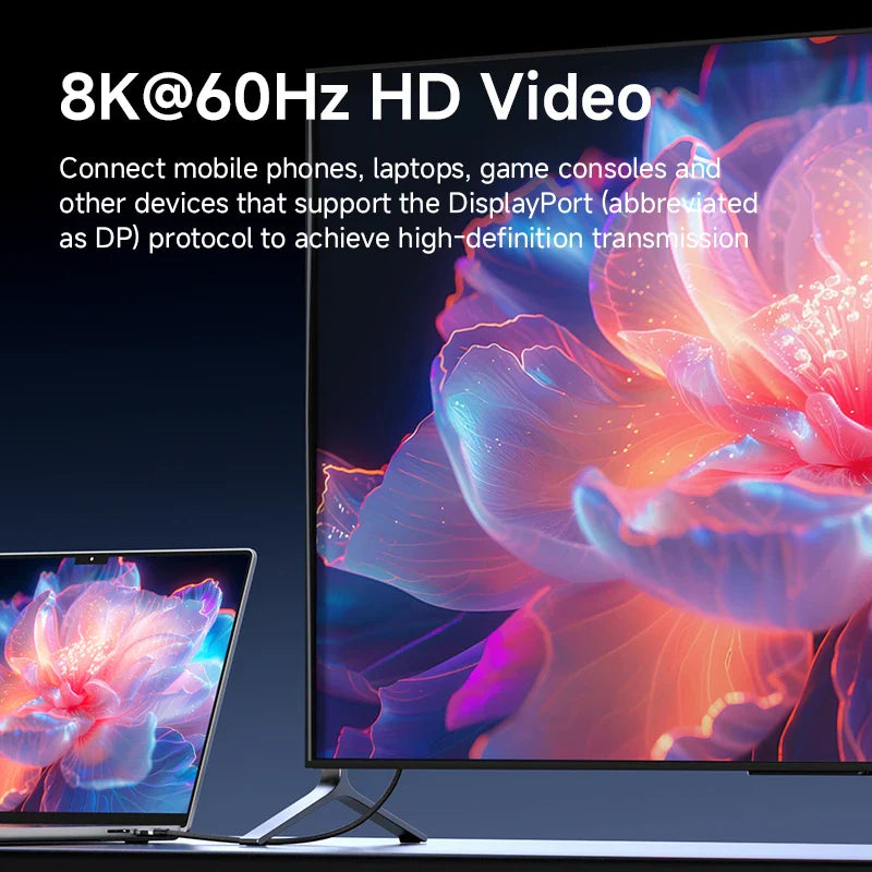 Two screens displaying a colorful flower image with text about 8K@60Hz HD video transmission.