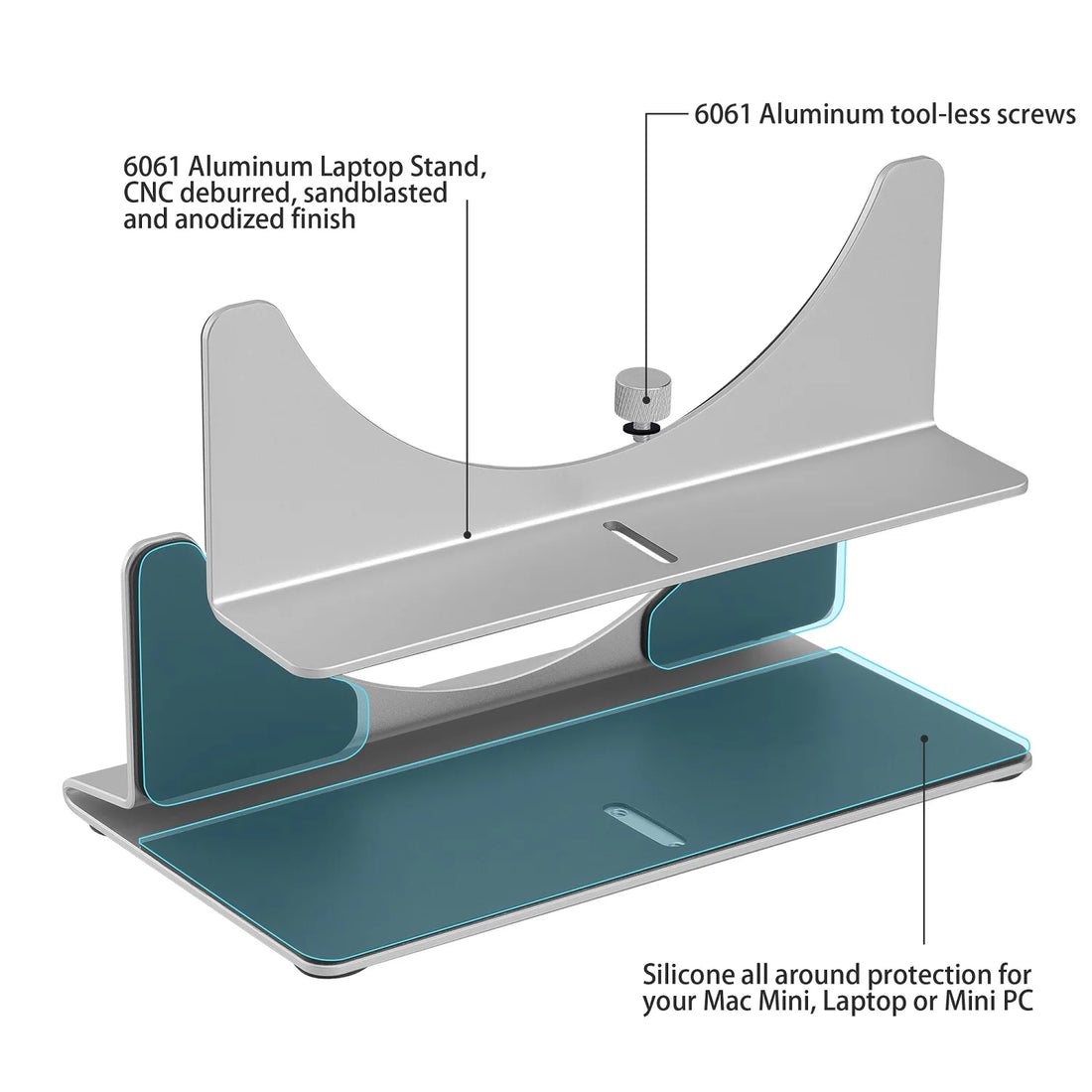 Laptop stand with labeled features on a white background