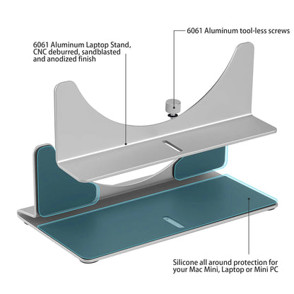 Laptop stand with labeled features on a white background