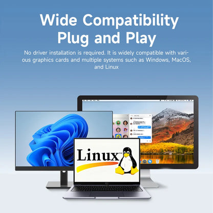 Laptop with Linux logo on screen, surrounded by monitors displaying different operating systems, with text about compatibility.