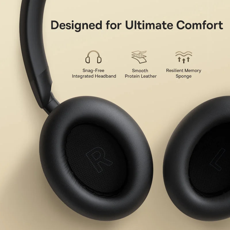 Black headphones with text 'Designed for Ultimate Comfort' and icons on a beige background