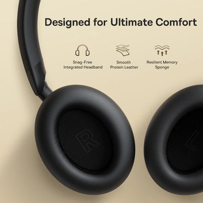 Black headphones with text 'Designed for Ultimate Comfort' and icons on a beige background