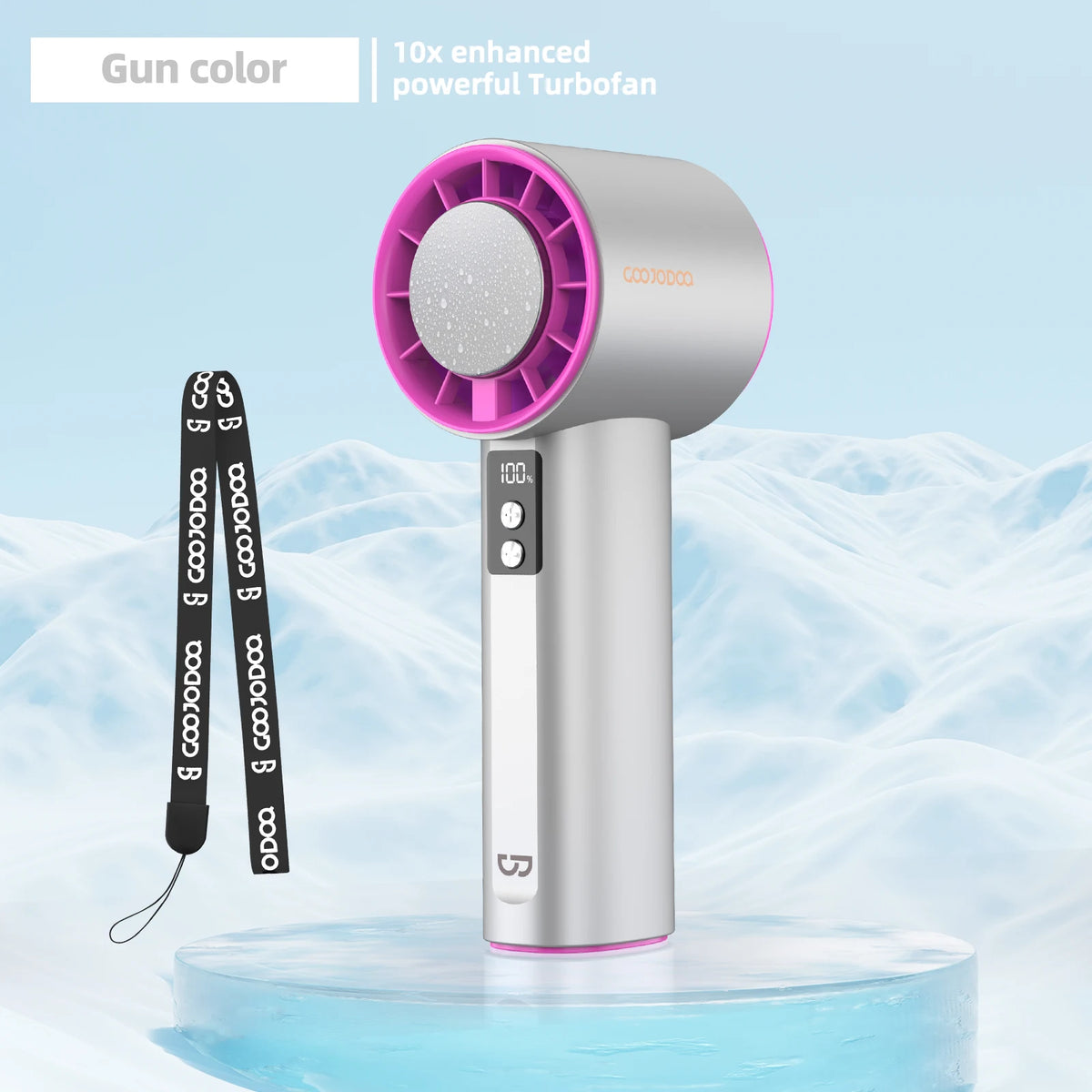 Two handheld fans with semiconductor refrigeration, one pink and one purple, with digital displays and multiple speed settings.