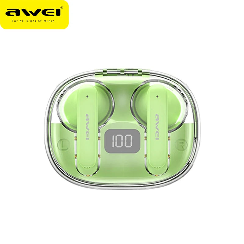 Green wireless earbuds in a transparent case with AWEI logo above on white background