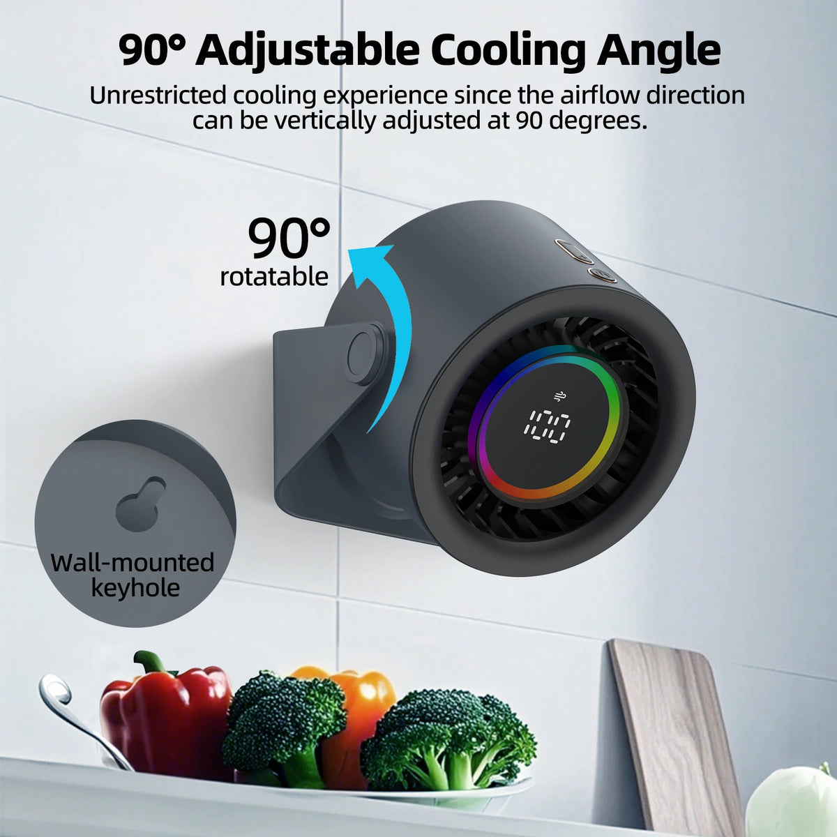 90-degree adjustable cooling angle device with digital display on a kitchen counter.