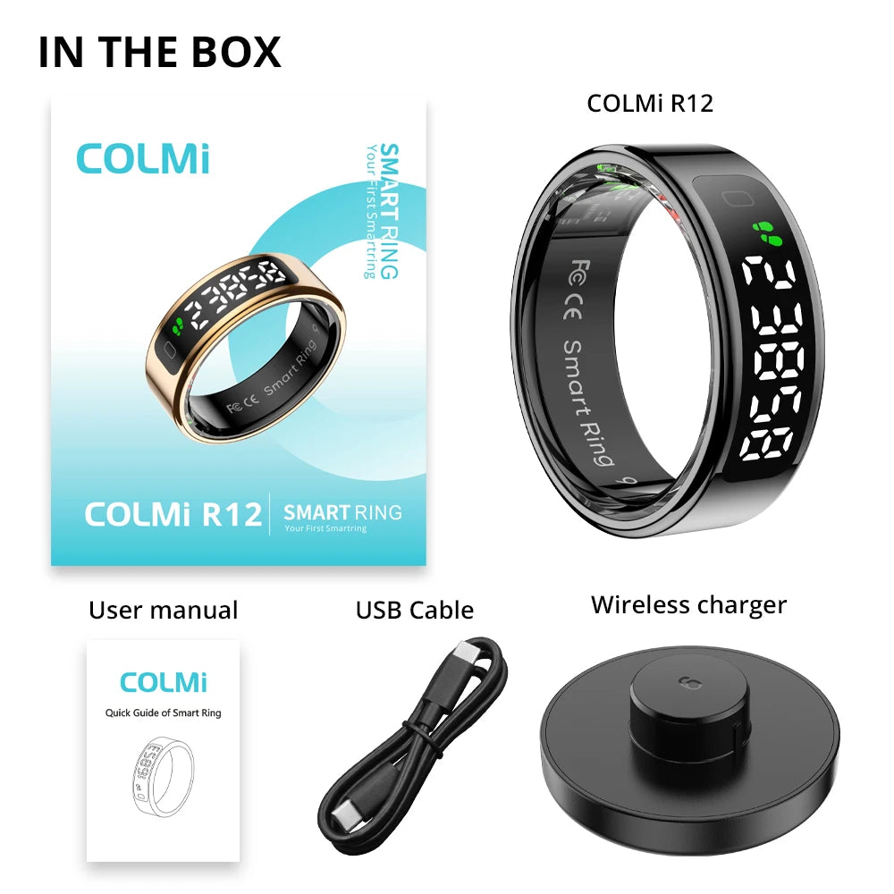 COLMI R12 smart ring with packaging, user manual, USB cable, and wireless charger on a white background