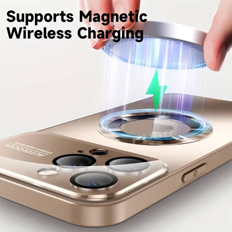 Smartphone with magnetic wireless charging feature on a white background