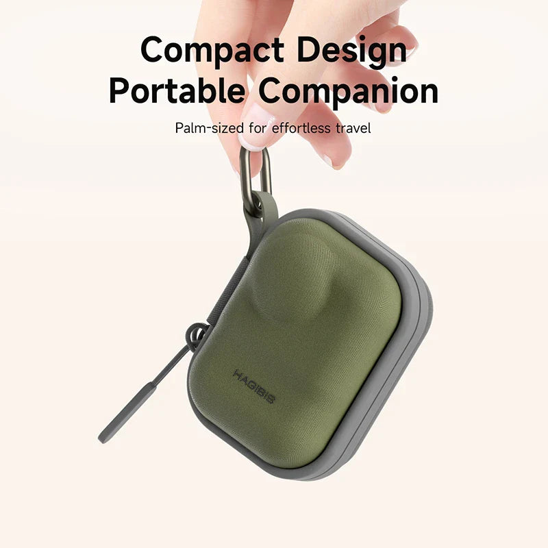 Green and gray compact travel case held by a hand with text highlighting its portability.