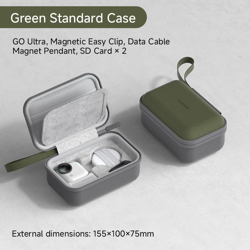 Green and gray travel case with electronic items on a light gray background