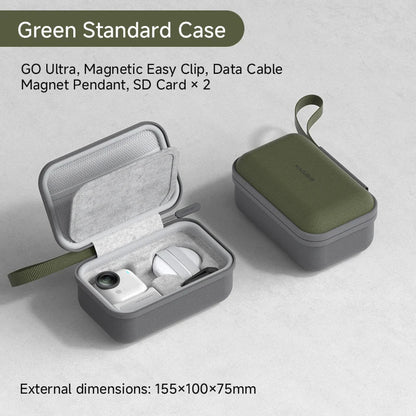 Green and gray travel case with electronic items on a light gray background
