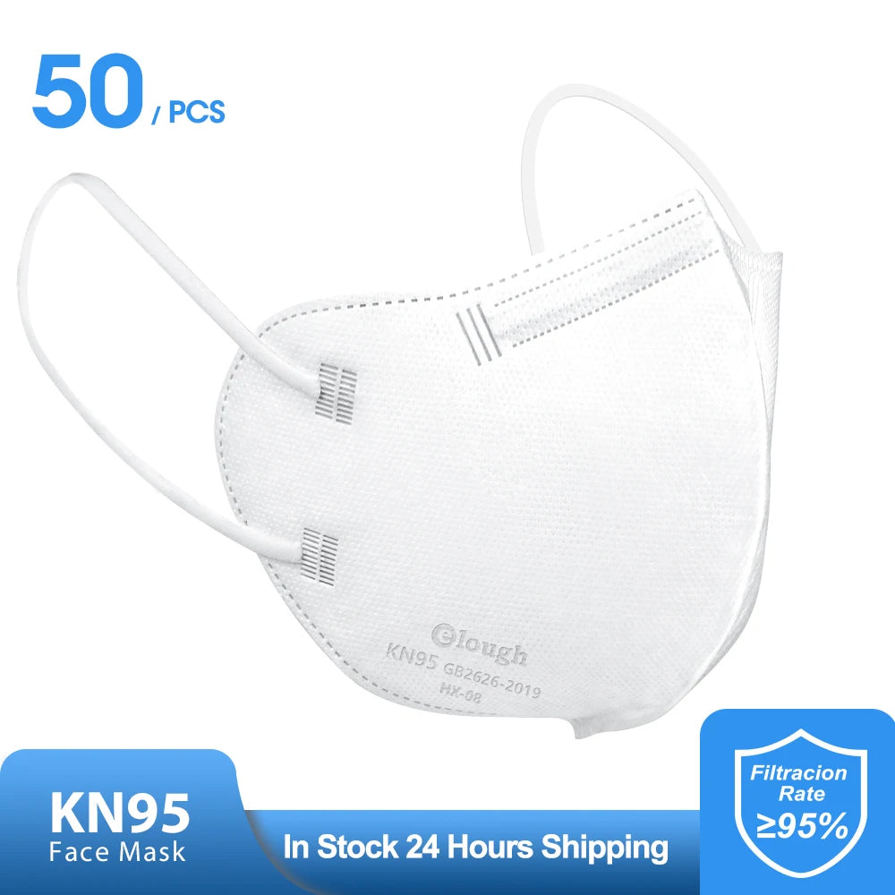 White KN95 face mask with branding on a white background