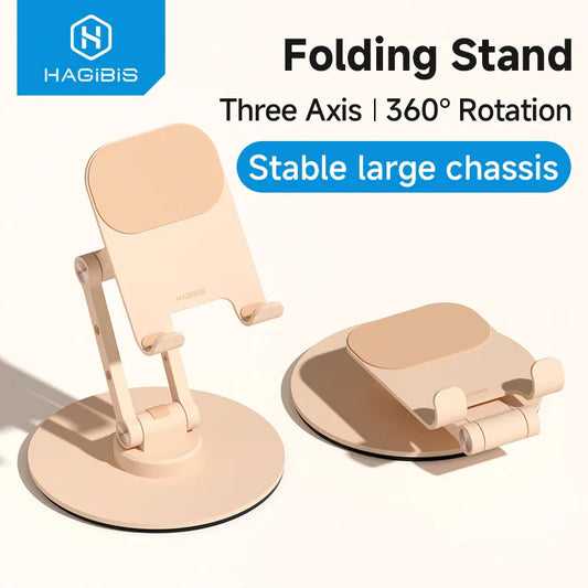 Beige folding stand with text highlighting features on a white background