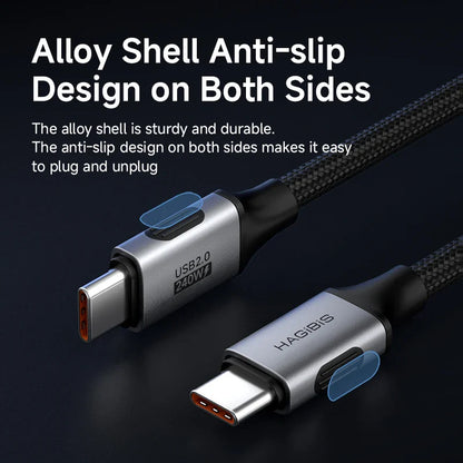 USB cable with alloy shell and anti-slip design on a dark background