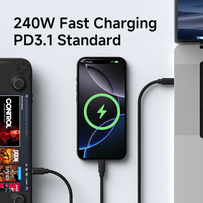 Smartphone with charging cable connected to a gaming console, displaying fast charging capabilities.
