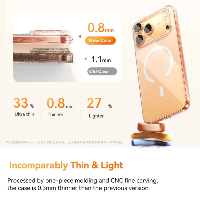 Phone case comparison with text highlighting thickness and weight reduction.