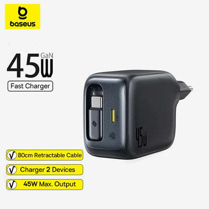 Baseus 45W fast charger with retractable cable on a white background