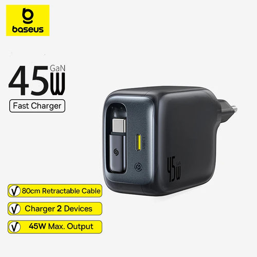 Baseus 45W fast charger with retractable cable on a white background