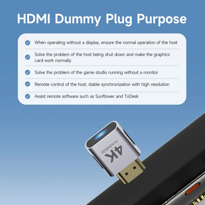 HDMI dummy plug with text explaining its purpose on a blue background