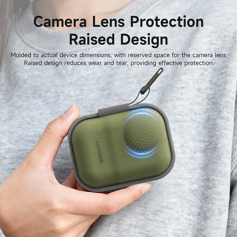 Green camera lens protection case held by a hand with text about its design and benefits.