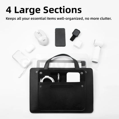 Black organizer with four large sections containing various items on a white background