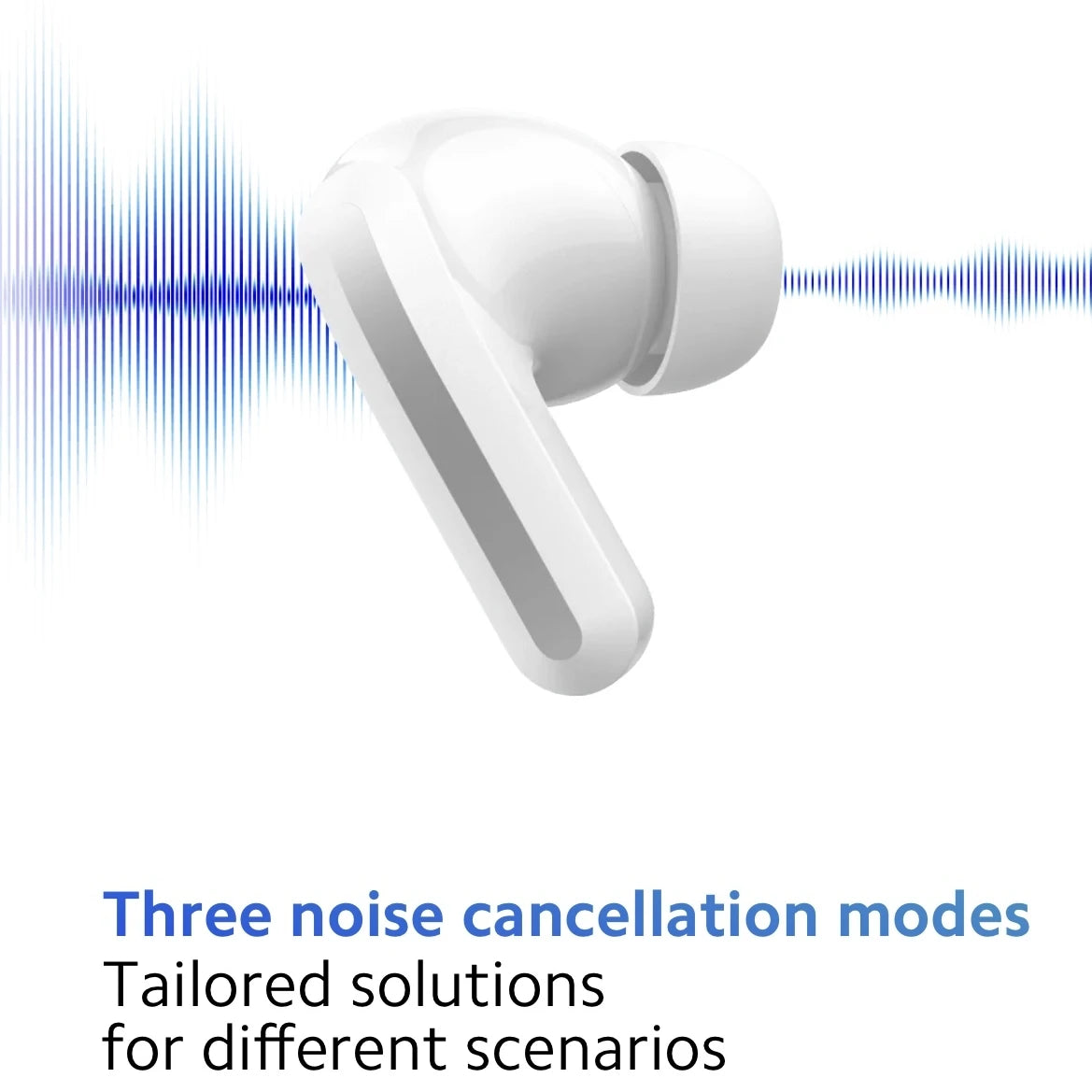 White earbud with sound wave graphic and text about noise cancellation modes on a white background