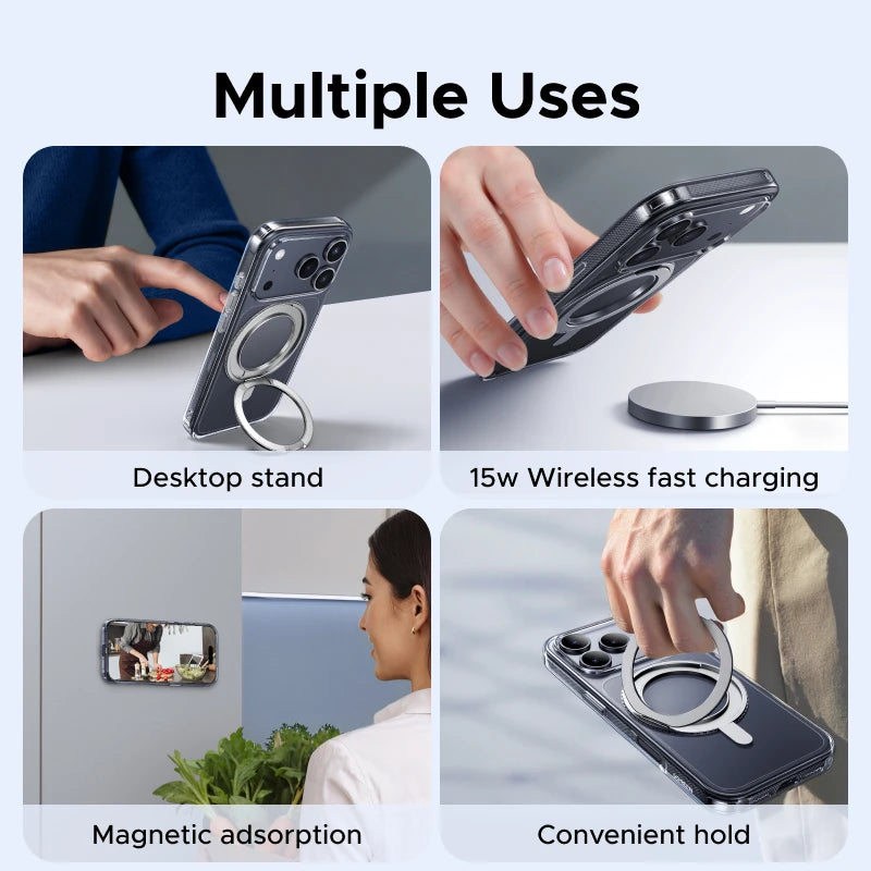 Phone case with multiple uses including desktop stand, wireless fast charging, magnetic adsorption, and convenient hold.
