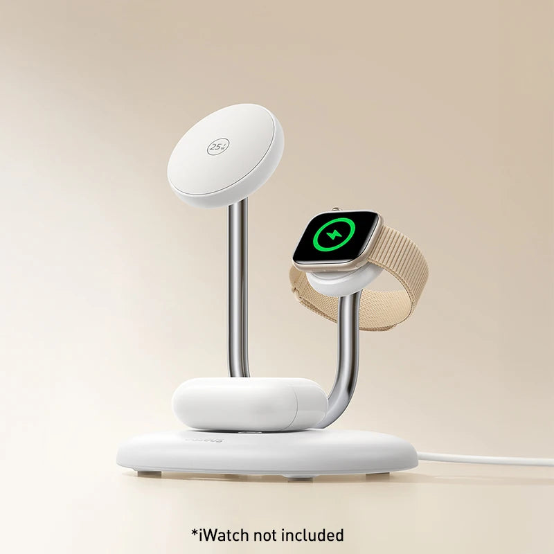 Smartwatch charging stand with a smartwatch on a beige background