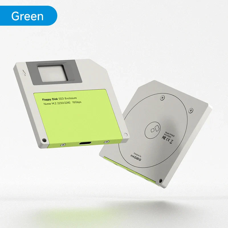 Floppy disk-shaped SSD enclosure with green label on a white background