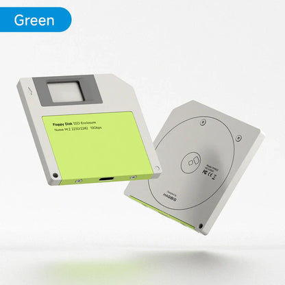 Floppy disk-shaped SSD enclosure with green label on a white background