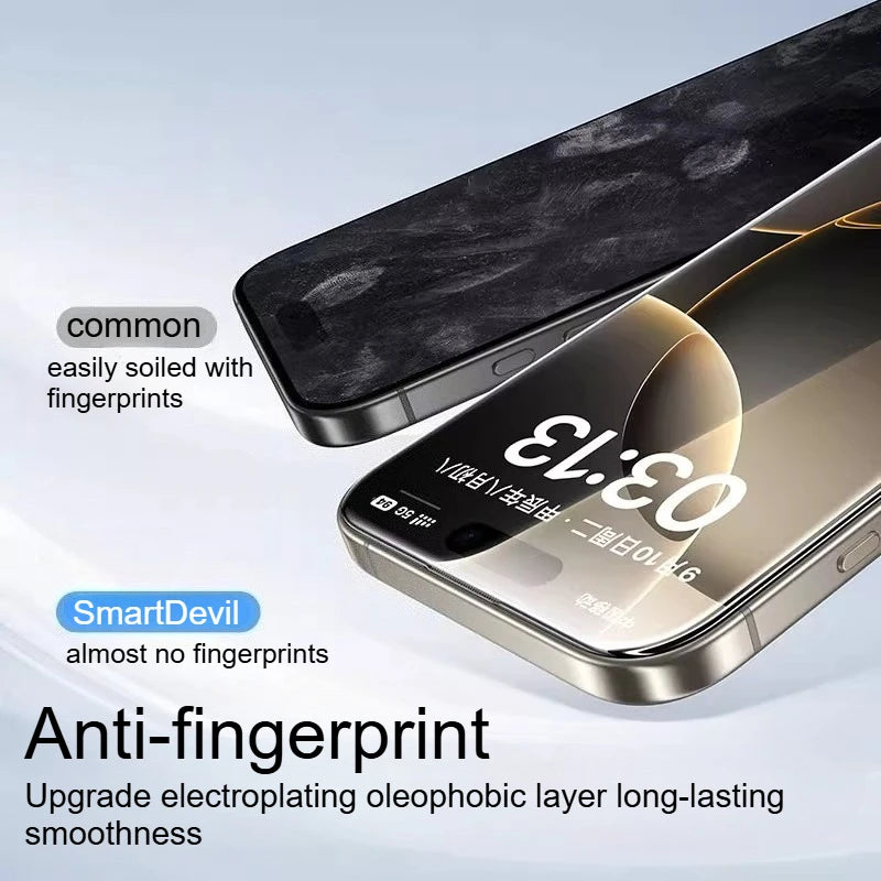 SmartDevil anti-fingerprint screen protector on a smartphone with text highlighting its benefits.