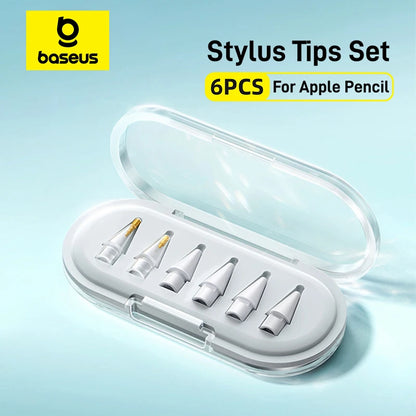 Baseus stylus tips set with six tips in a clear case on a light blue background