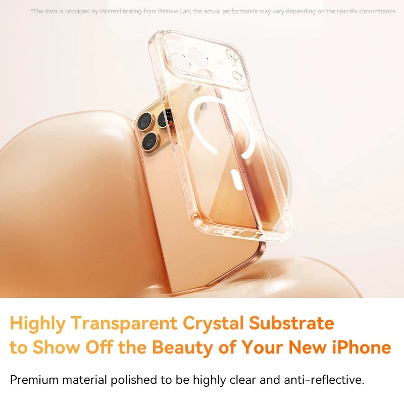 Clear phone case on a gold phone with text about its transparent quality