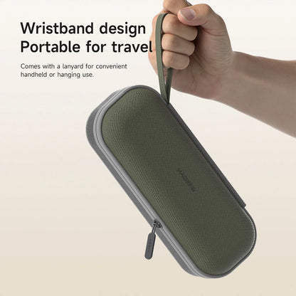 Green travel case with a lanyard, held by a hand on a beige background.