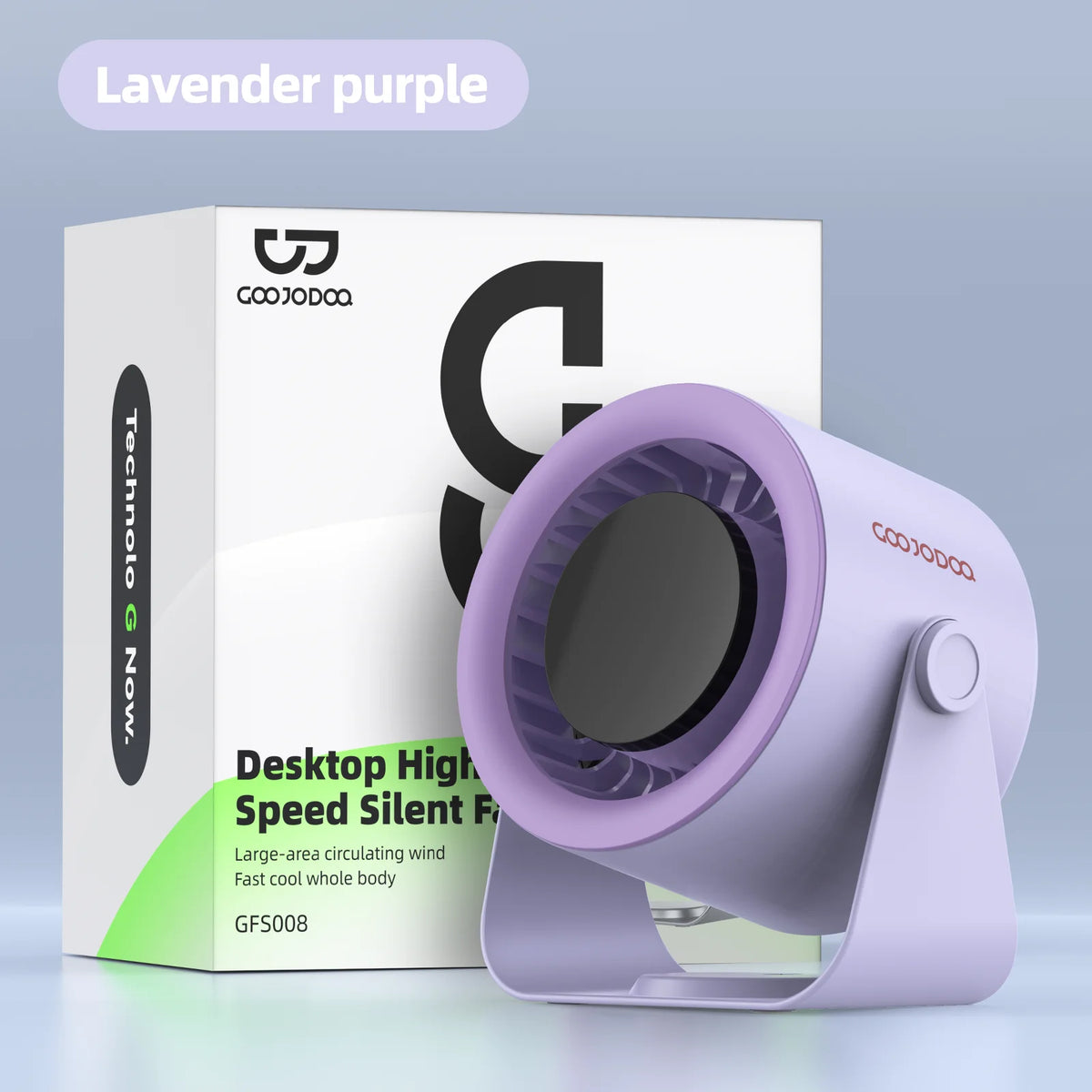 Purple desk fan with Coojoda branding and packaging on a light blue background