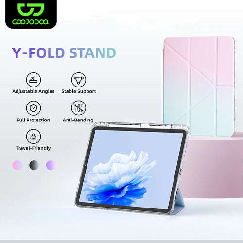 Tablet with a Y-fold stand case on a white background, featuring Goojodoo branding.