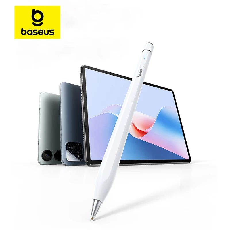 White stylus pen in front of a tablet with Baseus logo above