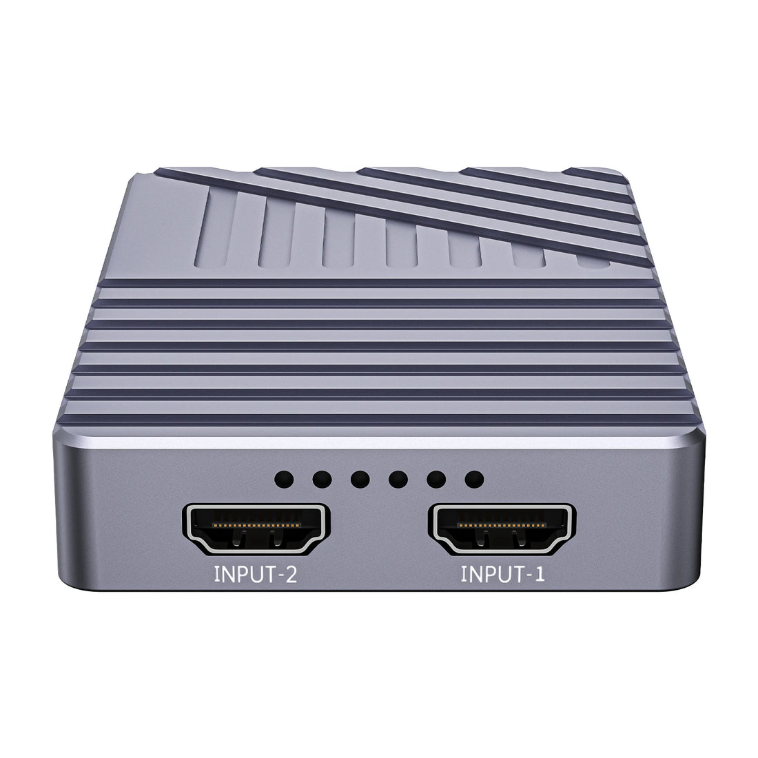 Gray electronic device with two HDMI ports labeled 'INPUT-1' and 'INPUT-2' on a white background.