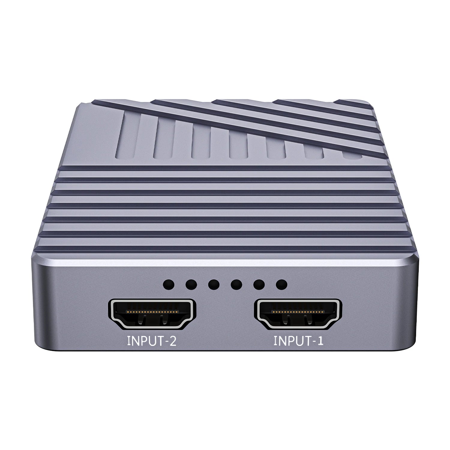 Gray electronic device with two HDMI ports labeled 'INPUT-1' and 'INPUT-2' on a white background.