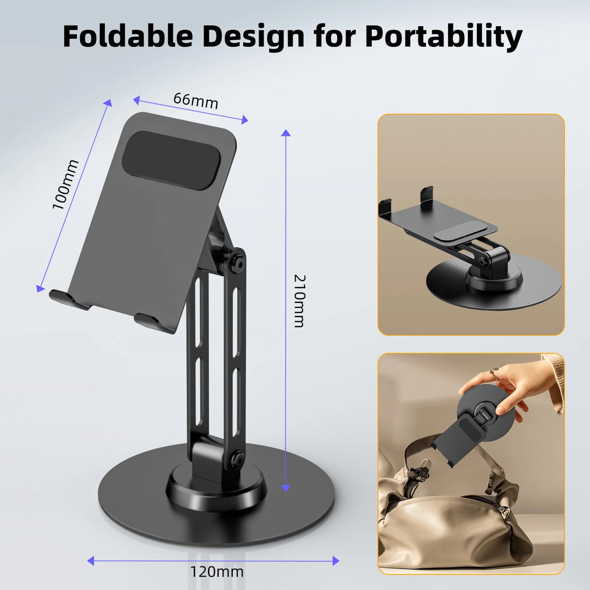 Foldable phone stand with dimensions and usage examples on a light gray background