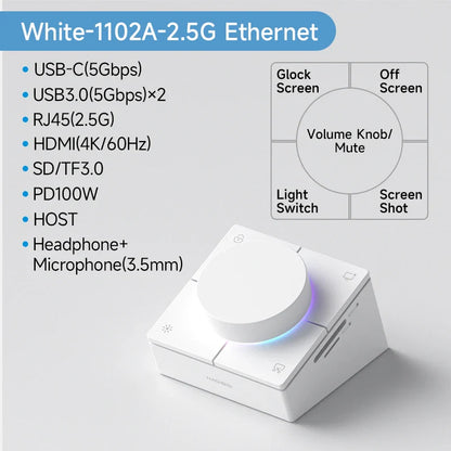 White electronic device with volume knob and connectivity features on a gray background