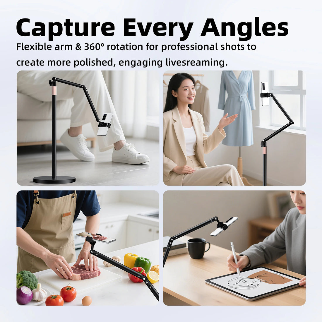 Flexible arm with 360-degree rotation for professional shots in various settings.