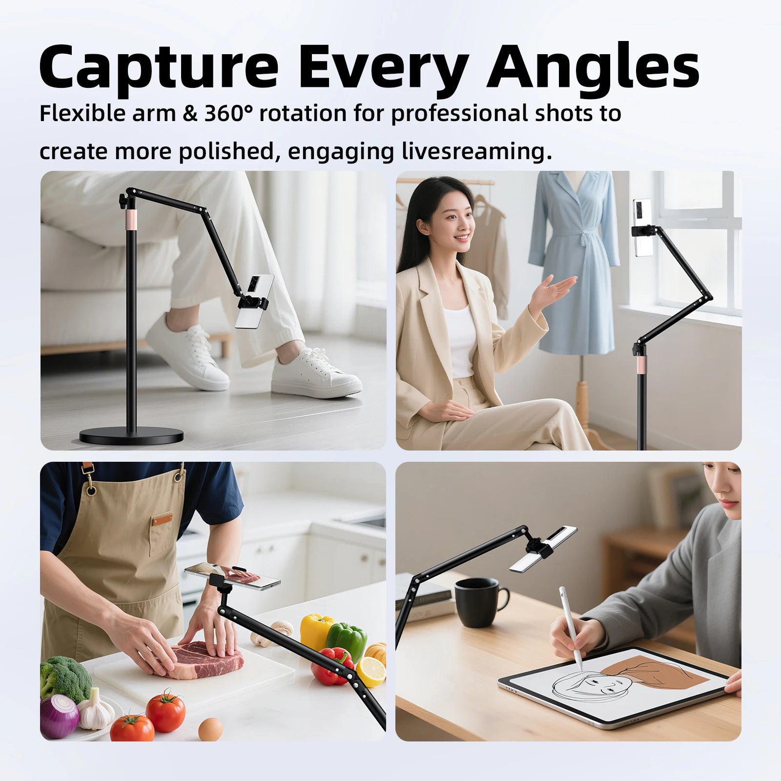 Flexible arm with 360-degree rotation for professional shots in various settings.