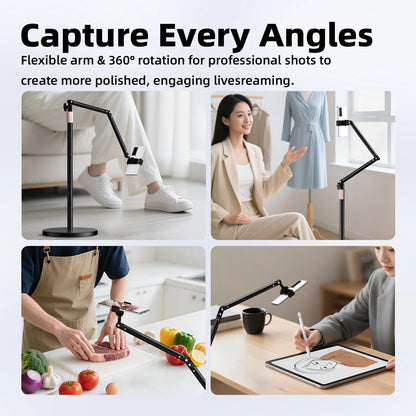 Flexible arm with 360-degree rotation for professional shots in various settings.