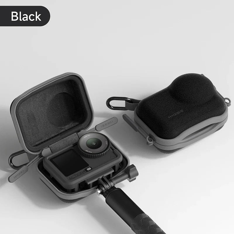 Black camera case with a camera inside on a light gray background