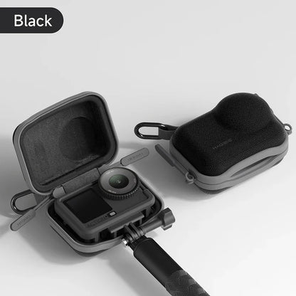 Black camera case with a camera inside on a light gray background