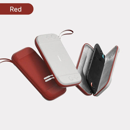 Red and white phone case with a phone inside on a light gray background